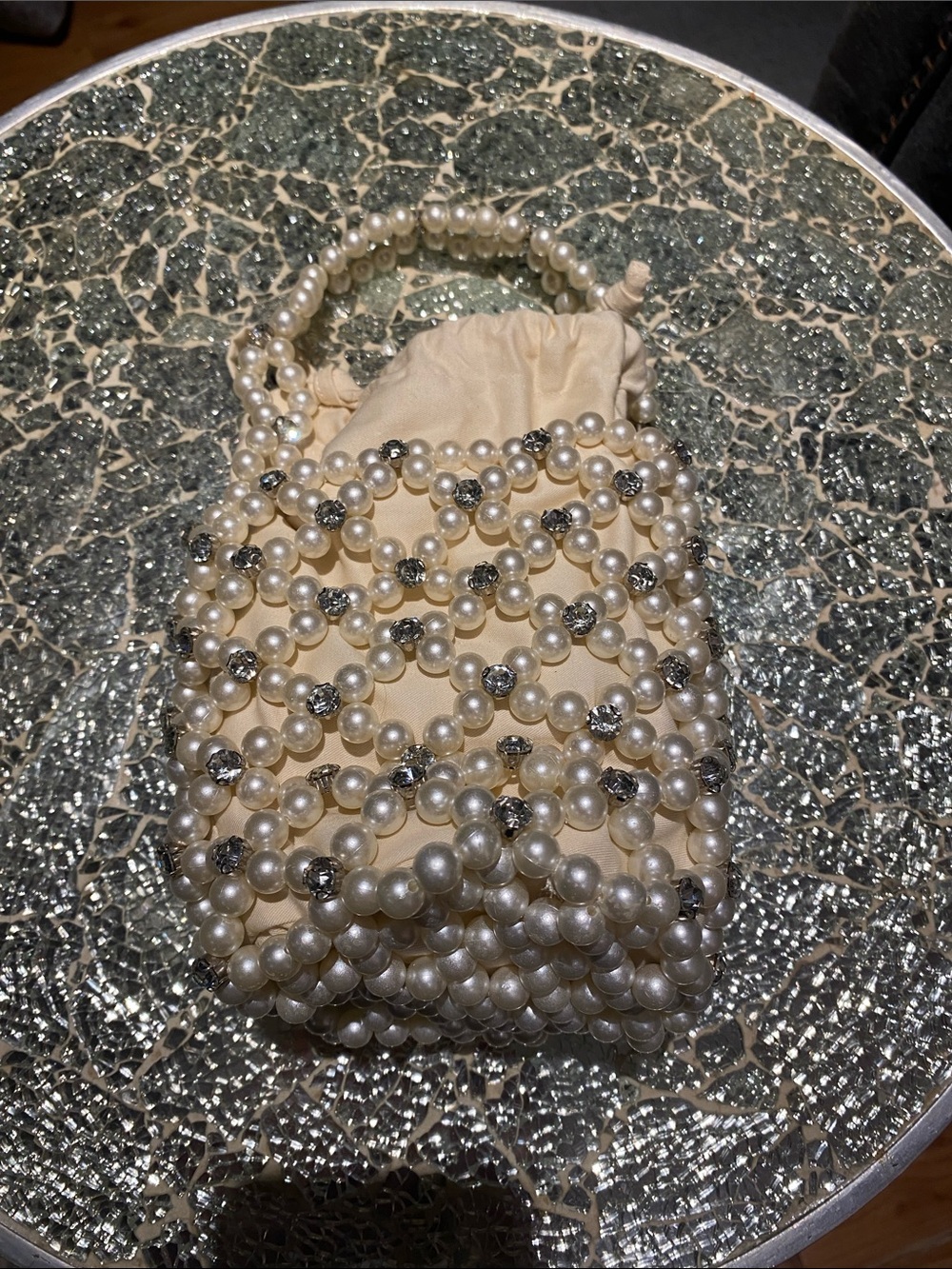 Pearl Beaded Drawstring Bag - Cream
